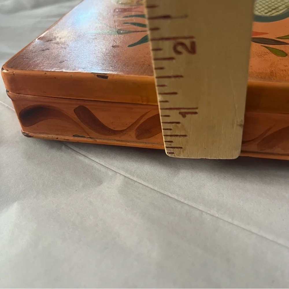 Vintage Trinket Box Hinged Lid Hand Painted Bird Signed 1965 Peach Yellow Green
